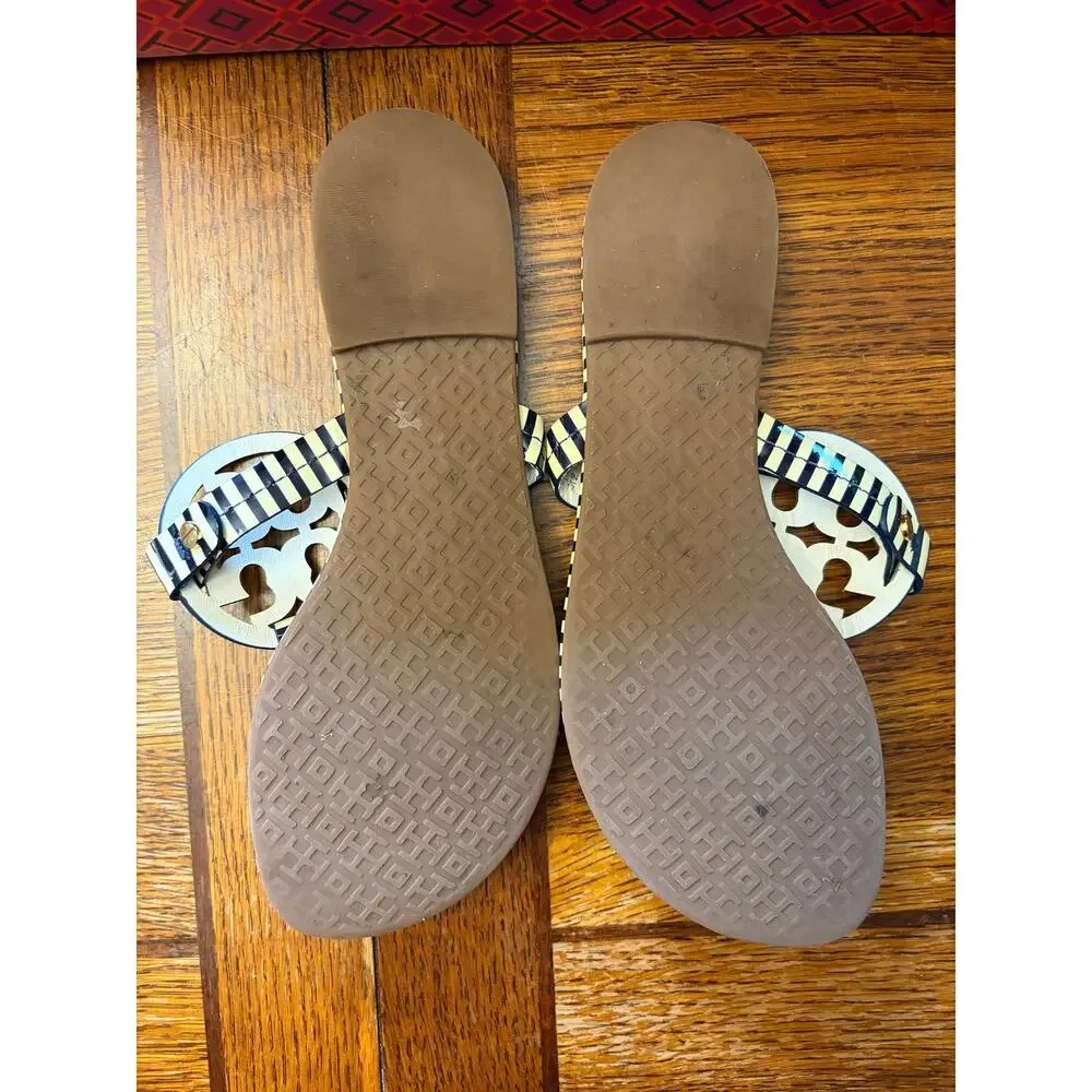 Tory Burch Miller Sandals Size 6 Navy Nautical Striped Patent Leather Thong